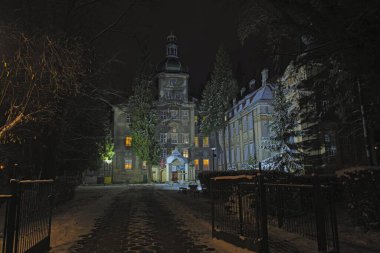 Kışın parktaki sarayda ağaçların ve çalıların arasında karla kaplanırlar, bu da zemini kaplar. Gece, saray karanlığın içinde saklı, yakındaki fenerlerin sönük ışığıyla aydınlanıyor..