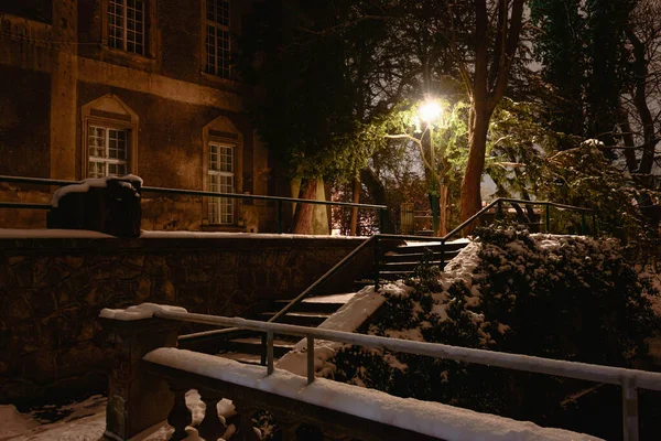 Gece vakti Iowa 'daki malikane parkında. Karanlıkta sarayın yanındaki manastır, merdiven ve yaya köprülerini görebilirsiniz..