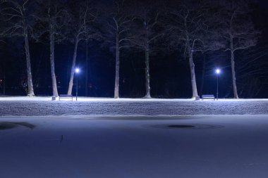 Gece vakti, kış manzarasında bir gölet. Göletin yüzeyi buzla kaplıdır, kıyı beyaz kar tabakasıyla kaplıdır. Gölün etrafında bir patika var. Banklar ve fenerler var..