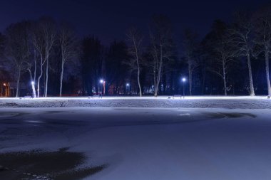 Gece vakti, kış manzarasında bir gölet. Göletin yüzeyi buzla kaplıdır, kıyı beyaz kar tabakasıyla kaplıdır. Gölün etrafında bir patika var. Banklar ve fenerler var..