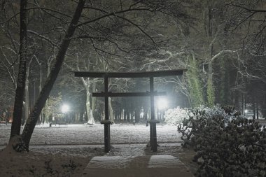 Iowa 'daki malikane parkında, geceleri kış manzarasında. Karanlık, elektrik fenerleriyle aydınlatılır. Önünüzde Japon tarzı bir kapı görebilirsiniz. Zemin, kar tabakasıyla kaplıdır..