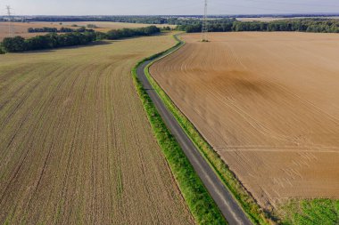 Çimenli çayırlarla, ormanlarla ve kahverengi tarlalarla kaplı geniş bir düzlük. Merkezde dar bir asfalt yol görebilirsiniz. Fotoğraf İHA kullanılarak çekildi..