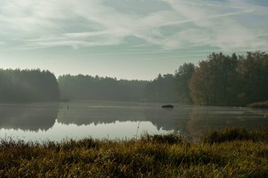 Uzun bir çam ormanında bulunan bir göl. Bu bir sonbahar sabahı. Güneş ışınlarıyla aydınlanan sis, gölün üzerinde asılı duruyor..