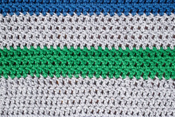 Gray Crochet Pattern Blue Green Horizontal Lines Flat Lay Close — Stock Photo, Image