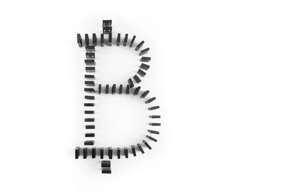 Bitcoin Valuta Symbool Gemaakt Van Domino Tegels Witte Achtergrond Bovenaanzicht — Stockfoto