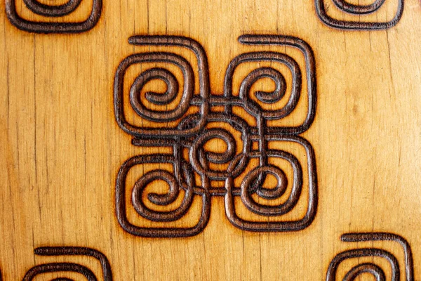 Square Spirals Made Wood Pyrography Pen Abstract Close Texture — Stock Photo, Image