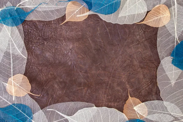 Kuru Yaprakların Lif Yapısı Kahverengi Deri Arka Plan Etrafında Bir — Stok fotoğraf