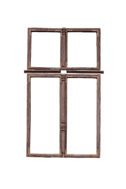 Eskimiş kahverengi ahşap pencere çerçevesi beyaz arkaplanda izole edildi