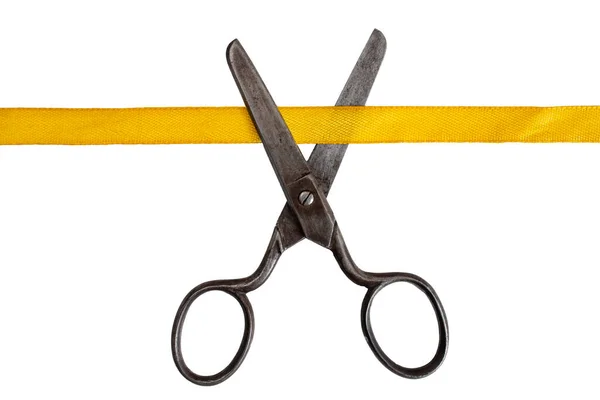 Vintage Steel Scissors Cutting Golden Satin Ribbon Close Isolated White — Stock Photo, Image