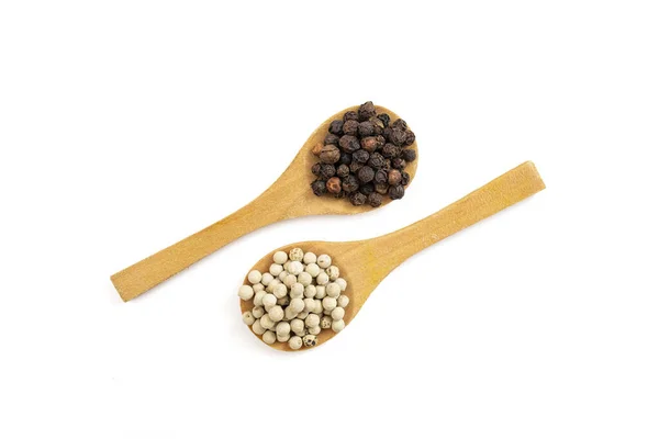Black White Pepper Seeds Two Wooden Spoons Isolated White Background — Stock Photo, Image
