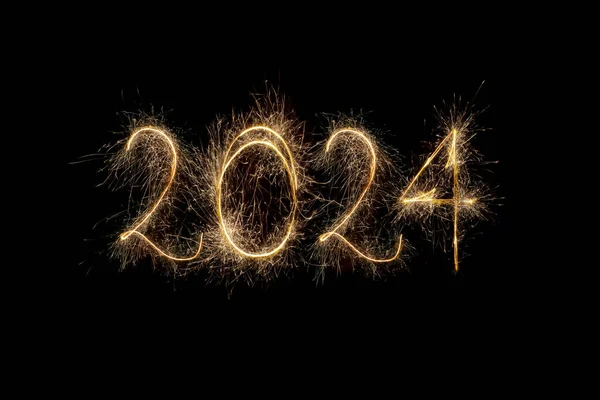 Gelukkig Nieuwjaar 2024 Nummer 2024 Geschreven Fonkelende Sterren Geïsoleerd Zwarte Stockfoto
