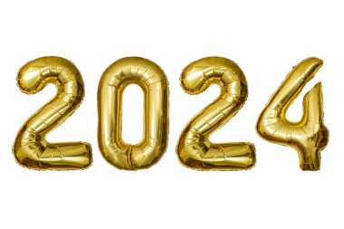 Yeni yıl 2024 kutlaması. Altın folyo balonları, 2024 numara izole edilmiş beyaz zemin.  