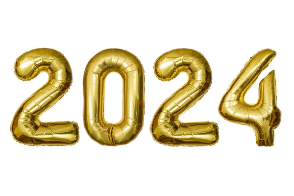 Yeni yıl 2024 kutlaması. Altın folyo balonları, 2024 numara izole edilmiş beyaz zemin.  