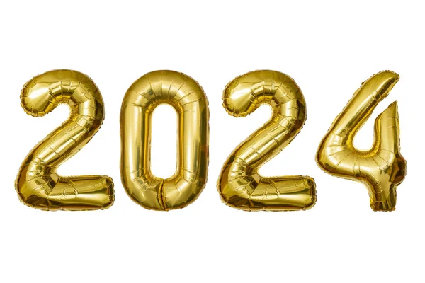 Nieuwjaar 2024 Vieren Gouden Tinnen Ballonnen 2024 Nummers Geïsoleerde Witte Stockfoto
