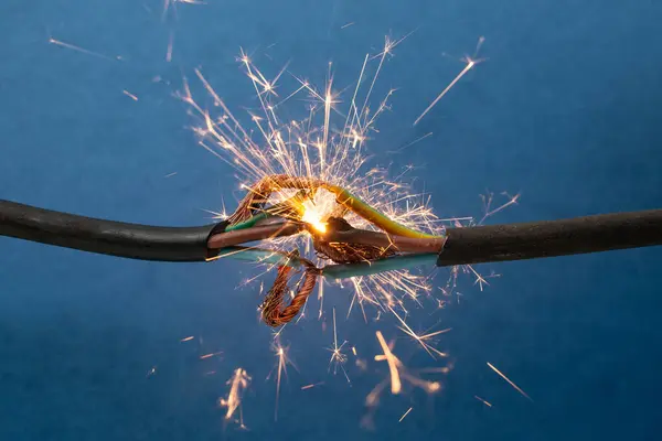 Sparks explosion between electrical cables, on blue background, fire hazard concept