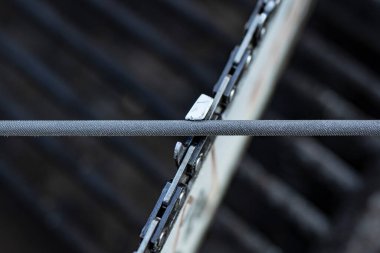 Zincir testeresi bileniyor. Özel yuvarlak bir dosya, yumuşak odaklı. 