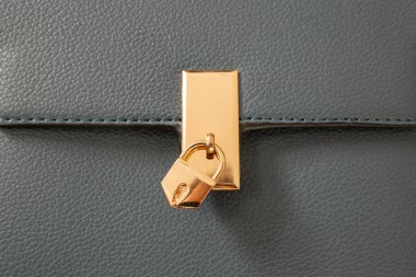 Gri deri kapaklı, altın kilidi olan çanta kapağı, yumuşak odak 