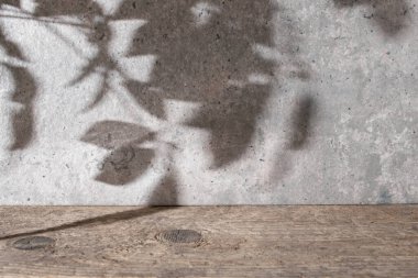 Çimento desenli duvarı, aşınmış ahşap masası ve ağaç yaprağı gölgesi siluetleri, ürün için cip alanı  