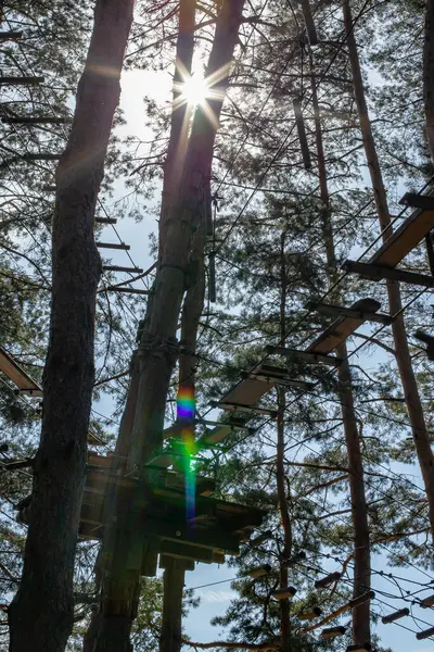 Engel parkuru yüksek, ağaçlarda asılı, güneşli.  