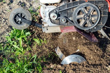 Tarla ekip biçmek için bahçe dümeni, toprağı gevşetiyor. El bilgisayarı motor sabanı hareket bulanıklığı ile toprak atıyor 