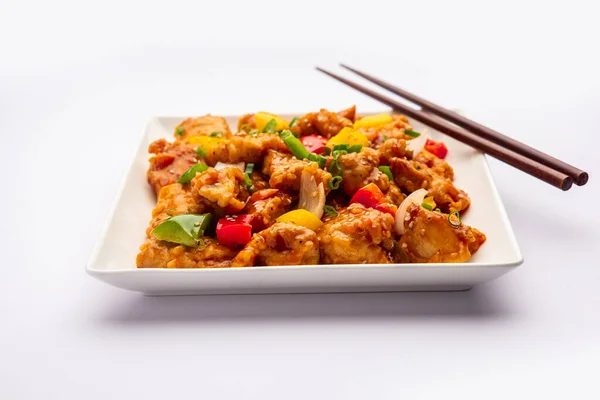 Τσίλι Κοτόπουλο Οποίο Είναι Ένα Δημοφιλές Ινδο Κινέζικο Πιάτο Εκκίνησης — Φωτογραφία Αρχείου