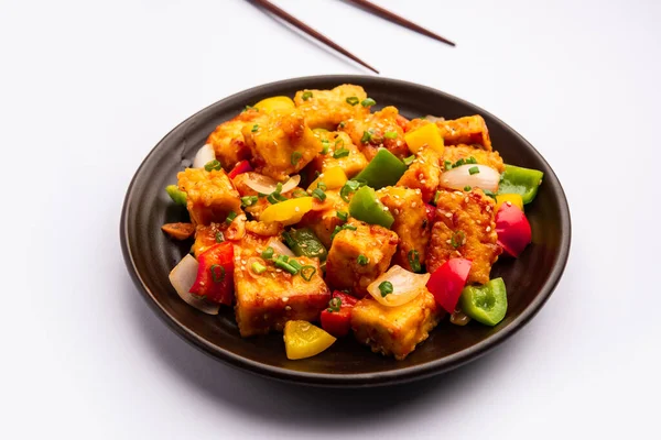 stock image chilli paneer dry is made using cottage cheese, Indo chinese food