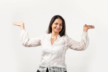 Indian woman showing smile, optimistic, positive, happy feeling. isolated against white background