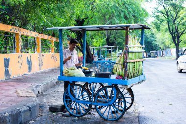 Hintli sokak satıcısı kavrulmuş mısır veya bhutta satıyor.