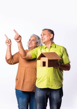 Hintli orta yaşlı gri saçlı çift ve beyaz arka planda emlak konsepti