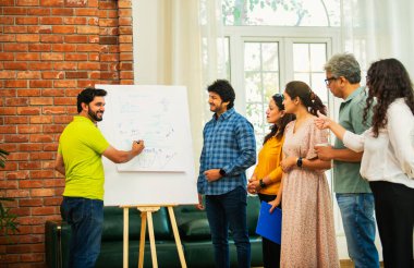 Hintli Asyalı genç girişimci gündelik kıyafetlerle iş stratejisini modern bir ofis, liderlik, takım çalışması konseptinde duran ekibine bir tabloya koyuyor.