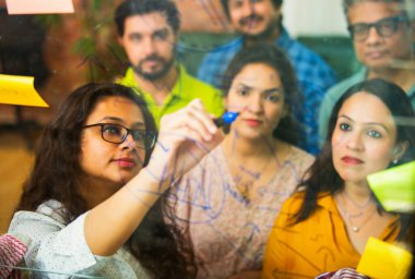 Hintli Asyalı genç iş adamları ya da yeni başlayan profesyonellerden oluşan bir grup. Fikir üreten, stratejileri tartışan, cam duvarın önünde kalem kullanarak projeler planlayan, modern ofisteki yapışkan notlar.