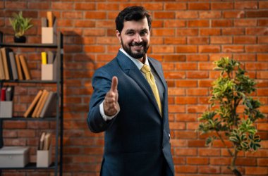 Mutlu Hintli Asyalı genç işadamı, CEO ya da girişimci resmi kurumsal kıyafetli, sakallı, güvenli bir şekilde kameraya yaklaşıp rahat bir ofiste el sıkışmak istiyor.