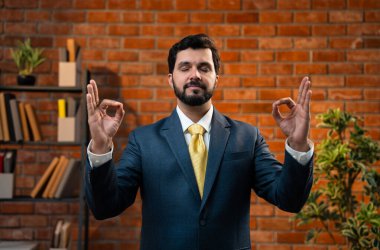 namaste pozunda katlanan eller, Hint Asyalı genç işadamı veya CEO kurumsal giysiler içinde sakin bir şekilde meditasyon yapıyor modern ofiste terracotta tuğlalı duvara karşı stres atağı ve farkındalık için
