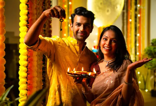 Ev anahtarını elinde tutan, etnik festivaldeki Hintli genç çift yeni evlerinde Diwali 'yi ilk kez kutluyor renkli çelenklerin önünde bayram gecesi neşe içinde duruyorlar.
