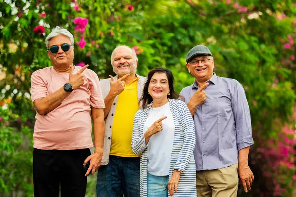Hintli kıdemli yetişkinler dışarıyı gösteriyor ve gülümsüyor, dört mutlu Asyalı yaşlı arkadaş çiçeklerle dolu yemyeşil bir arka plana karşı grup halinde duruyorlar, gülümsüyorlar ve bir şey sunuyorlar ya da sunuyorlar.