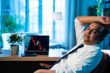 Hintli hisse senedi tüccarı, ofis masasında oturmuş üzgün, stresli, Asya borsası yatırımcısı dizüstü bilgisayarda görünen grafiğe tepki veriyor, finansal başarısızlık kavramı, endişe