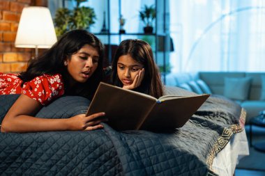 Hintli kardeş kardeşler kitap okurken birlikte sessiz zaman geçirmenin tadını çıkarıyorlar. Renkli kıyafetler giyen Asyalı küçük kızlar boş zamanlarında kapalı bir odada kitap okumaya odaklanırlar.
