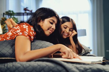 Hintli kardeş kardeşler kitap okurken birlikte sessiz zaman geçirmenin tadını çıkarıyorlar. Renkli kıyafetler giyen Asyalı küçük kızlar boş zamanlarında kapalı bir odada kitap okumaya odaklanırlar.