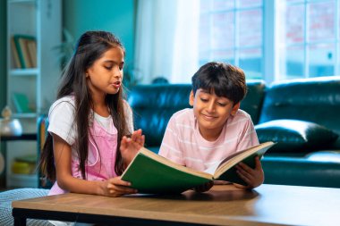 Hintli küçük kardeş evde birlikte kitap okuyor, Asyalı küçük kardeşler öğreniyor, modern oturma odasındaki eğitim aktivitelerine odaklanıyor, aile içinde çocukluk gelişimi.