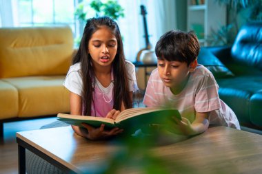 Hintli küçük kardeş evde birlikte kitap okuyor, Asyalı küçük kardeşler öğreniyor, modern oturma odasındaki eğitim aktivitelerine odaklanıyor, aile içinde çocukluk gelişimi.