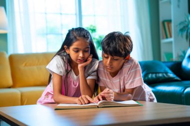 Hintli küçük kardeş evde birlikte kitap okuyor, Asyalı küçük kardeşler öğreniyor, modern oturma odasındaki eğitim aktivitelerine odaklanıyor, aile içinde çocukluk gelişimi.