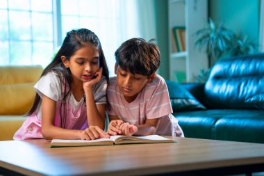 Hintli küçük kardeş evde birlikte kitap okuyor, Asyalı küçük kardeşler öğreniyor, modern oturma odasındaki eğitim aktivitelerine odaklanıyor, aile içinde çocukluk gelişimi.