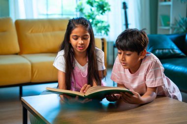 Hintli küçük kardeş evde birlikte kitap okuyor, Asyalı küçük kardeşler öğreniyor, modern oturma odasındaki eğitim aktivitelerine odaklanıyor, aile içinde çocukluk gelişimi.