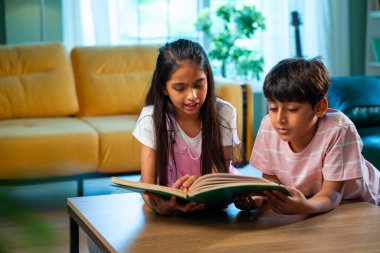Hintli küçük kardeş evde birlikte kitap okuyor, Asyalı küçük kardeşler öğreniyor, modern oturma odasındaki eğitim aktivitelerine odaklanıyor, aile içinde çocukluk gelişimi.