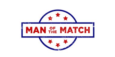 Man of the match red grunge stamp for poster or digital content. Man of the match vintage rubber badge template clipart