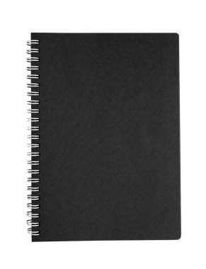 top view closeup of closed notebook cover with metal spiral and black blank pages isolated on white
