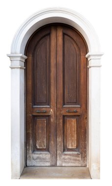 front view closeup of tall vintage brown wooden door with classic marble stone pattern archway isolated on white