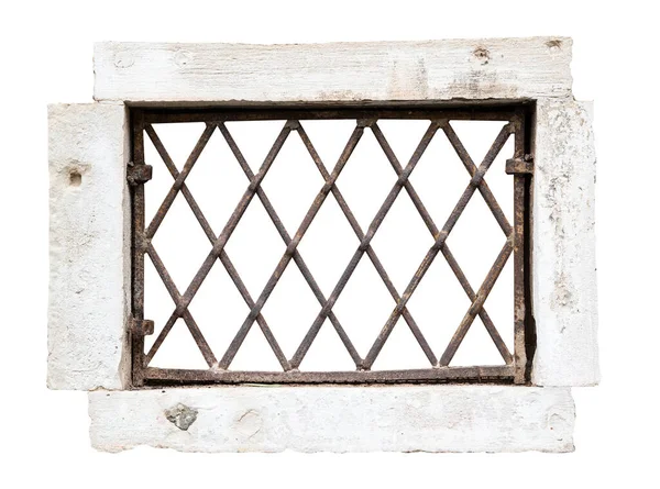 Front View Closeup Vintage Window Stone Marble Frame Protected Metallic — Fotografia de Stock