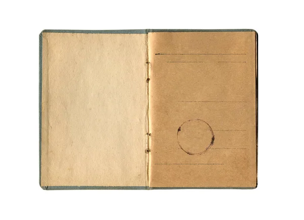 フロントビュークローズアップ詳細古いノートにヴィンテージイエローブラウンの紙とシールスタンプと空の最初のページを開き 白に隔離 — ストック写真