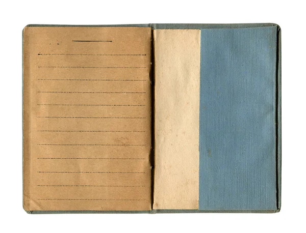 フロントビュークローズアップ詳細古いオープンノートとともにヴィンテージイエローブラウンの裏地紙と染色布ブルーのカバーは白に隔離 — ストック写真